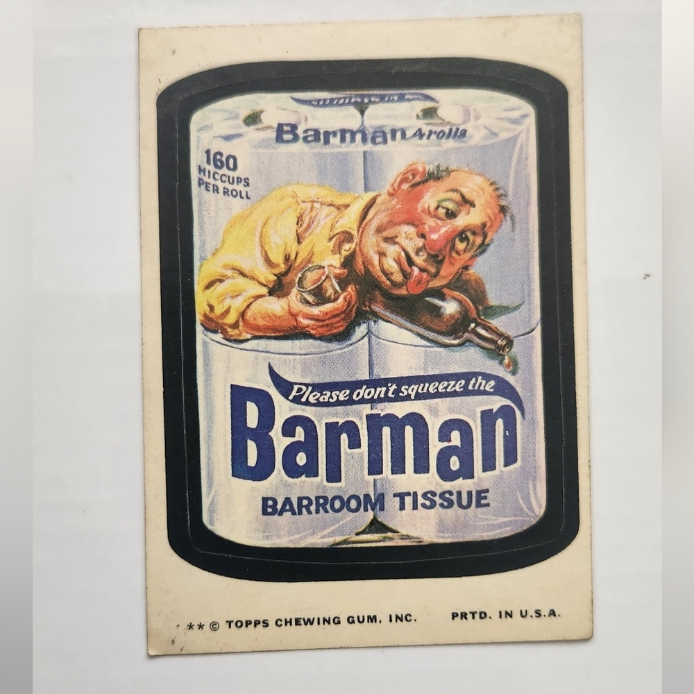 🧻 RARE Tan Back Vintage 1973 Wacky Packages - Barman Sticker (Topps) trading🍻
